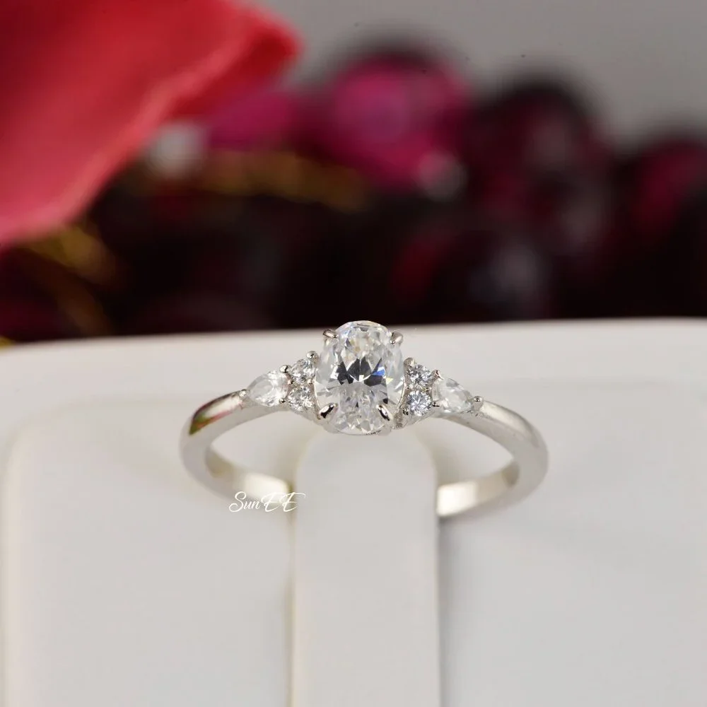 Oval Diamond Cut Simulant w/ Marquis Ring 925 Engagement Ring - Picture 5 of 5